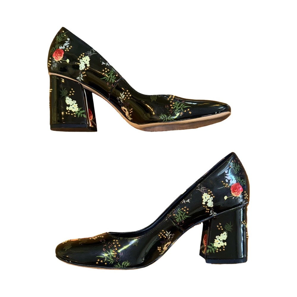 Floral Studded Patent Leather Block Heels